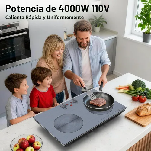 Vista 3 de GIHETKUT Placa de inducción de 2 quemadores, placa de inducción de 110 V 4000 W con panel cepillado, control de perilla, 9 niveles de potencia
