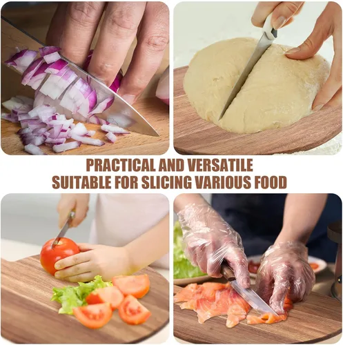 Vista 7 de Patelai Tabla de cortar redonda de madera de 12 piezas con asa para cortar pizza a granel, grabado láser, charcutería, queso, pan, tabla de cortar