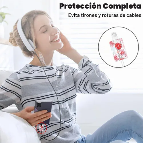 Vista 5 de Lindo protector de cable para cargador adaptador de iPhone, diseño de flores de crisantemo rojo, cable de datos de TPU suave, funda USB-C