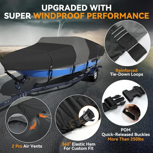 Vista 6 de Funda para barco 1600D + 1200D con bucles de 2 pulgadas de ancho para remolque y amarre, ultraduradera, impermeable, se adapta a Tri-Hull, V-Hull