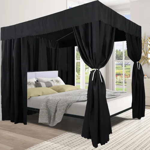 Vista 5 de Cortinas de cama con dosel negro con 4 postes de esquina, cortina