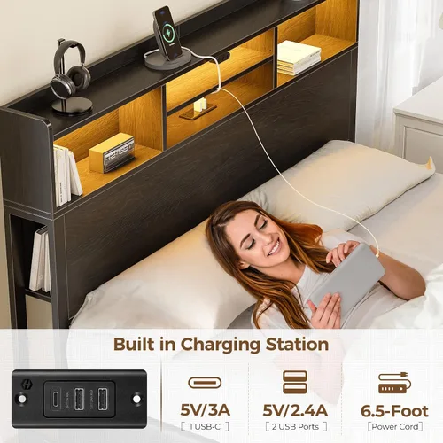 Vista 5 de Rolanstar Base de cama individual con cabecera de almacenamiento y estante lateral, plataforma de metal con estación de carga, cama individual LED