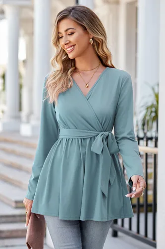 Vista 3 de OUGES Túnicas de maternidad para mujer, camisas de manga larga, cuello en V, ropa de maternidad de enfermería, blusa casual de embarazo