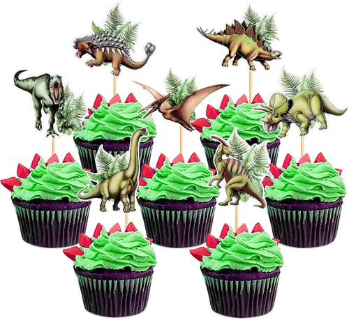 Vista 21 de Ercadio 40 piezas comestibles de dibujos animados de dinosaurios para cupcakes para bebida, decoración de tartas para temática de dinosaurios, baby