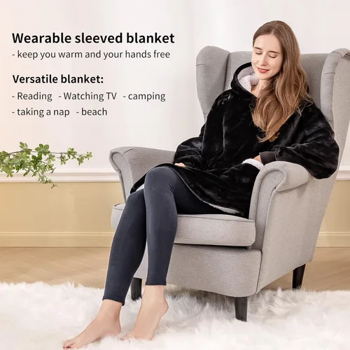 Vista 3 de Aisbo Manta con capucha para mujer, acogedora manta de forro polar Sherpa con capucha para adultos, mujeres y hombres, manta cálida y mullida