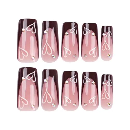 Vista 4 de 24 unidades de uñas postizas largas estilo ataúd CEWEWP con punta francesa marrón, uñas falsas rosas con pegamento, uñas falsas con diseños