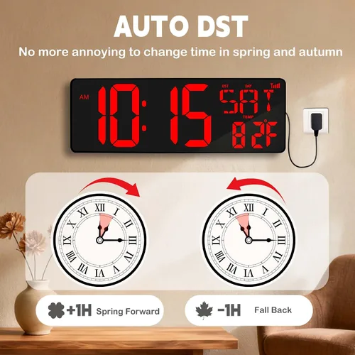 Vista 4 de Reloj de pared digital con pantalla grande: reloj digital LED de 16.5 pulgadas con control remoto, fecha, semana, DST automático, brillo ajustable