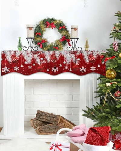Vista 4 de Bufanda roja de Navidad para chimenea, decoraciones para repisa de chimenea, bolas de Navidad, copo de nieve, hojas de pino plateadas, cubierta