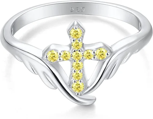 Vista 14 de STARCHENIE Cross Ring 925 Sterling Silver Angel Wings Ring for Women Size 5-10 02-Amatista-Febrero