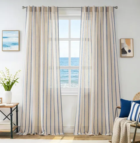 Vista 107 de DriftAway Cortinas de estilo granja con rayas verticales de lino mezclado texturizado con filtro de luz semitransparente para sala de estar