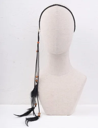 Vista 2 de Jumwrit Diadema de plumas bohemias, diadema india hippie gitana, tocado con borlas de plumas negras, cuerda de cáñamo con cuentas, accesorios