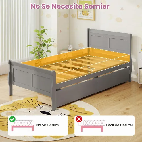 Vista 7 de KOMFOTT 2 camas individuales con 2 cajones, cama de almacenamiento individual con cabecero para dormitorio, marco de cama de madera de trineo