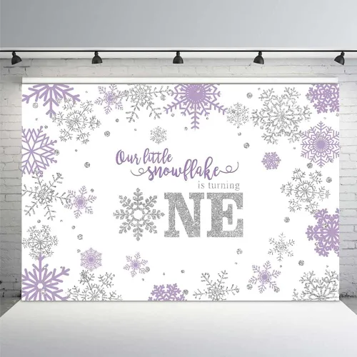 Vista 9 de MEHOFOND Telón de fondo de fotografía de invierno para niña, diseño de copo de nieve dulce y pequeño, feliz primer cumpleaños, rosa, plateado