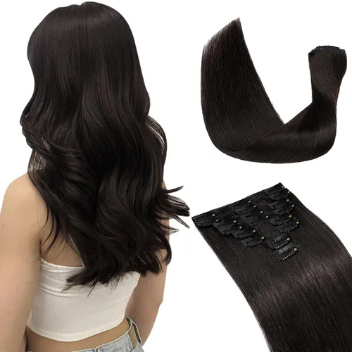 Vista 28 de Extensiones de cabello con clip, cabello humano Remy, extensiones de cabello largo lacio de una pieza con 5 clips, con gancho para colgar