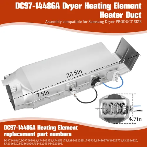 Vista 3 de DC97-14486A Reemplazo del elemento calefactor para secadora Samsung dv40j3000ew/a2 dv45h7000ew/a2 dv42h5000ew/a3 dv42h5200ep/a3 dv42h5200ew/a3