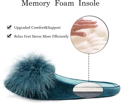 Vista 4 de GRITHEIM Pantuflas de terciopelo con pompones peludas para mujer, pantuflas de casa sexys y acogedoras para mujer, suela antideslizante