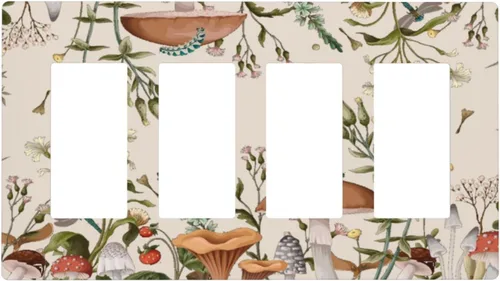 Vista 79 de Placa de Pared en Blanco de 1-Gang Sin Dispositivo Beige Lindo Vintage Boho de los 70s Hongo Fungus Planta Floral Botánica Libélula Interruptor