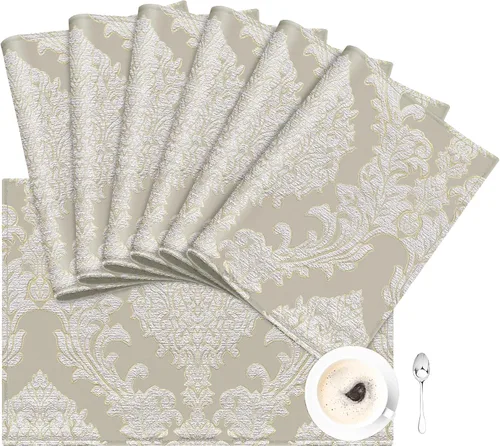 Vista 10 de Loom and Mill Juego de 4 Manteles Individuales de Damasco de Lujo, Manteles Individuales de Mesa Jacquard Beige Antideslizantes para Hogar Cocina