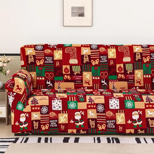 Vista 12 de Mybedsoul Funda de sofá elástica con estampado navideño de Papá Noel, lavable a máquina, temática navideña, color rojo, para sala de estar