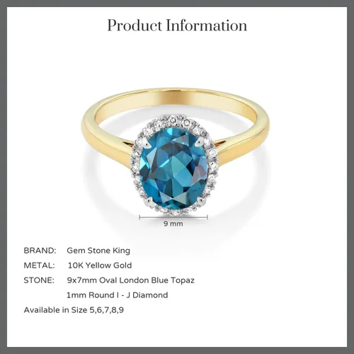 Vista 5 de Gem Stone King Anillo de compromiso ovalado de oro amarillo de 10 quilates con piedra natal y halo de diamantes Ovalado de 0.354 x 0.276 in