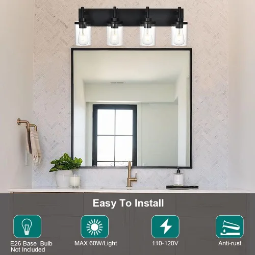 Vista 7 de Lámpara de tocador de baño sobre espejo, lámparas de pared de baño negras, iluminación moderna con pantalla de vidrio transparente, aplique de pared