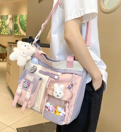 Vista 2 de Bolso bandolera estético con pines Kawaii y colgante para mujer, lindo bolso cruzado de hombro, bolso casual