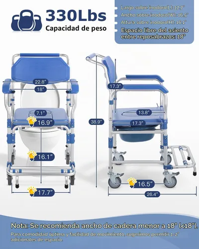 Vista 5 de Silla de ducha con ruedas de 4 pulgadas, cómoda de noche, brazos abatibles, 330 libras