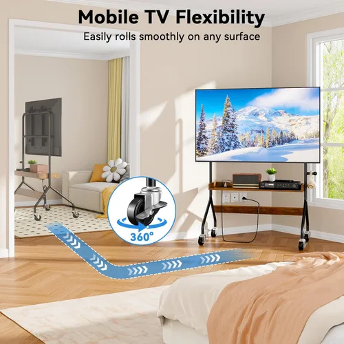 Vista 6 de Soporte de TV rodante con toma de corriente, carrito de TV móvil para pantalla de TV de 32 a 75 pulgadas de hasta 110 libras, soporte de TV portátil