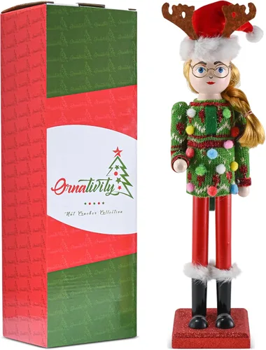 Vista 7 de Ornativity Cascanueces Suéter Feo de Navidad – Cascanueces de Madera Roja y Verde de Mujer con Suéter Feo y Sombrero de Reno Decoraciones de Figura