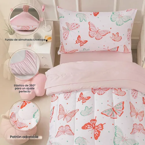 Vista 4 de david's kids Juego de ropa de cama de 4 piezas para niños pequeños - Juego de ropa de cama suave y transpirable para niñas, incluye edredón Mariposa
