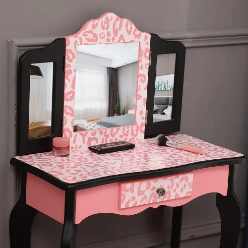 Vista 2 de Juego de maquillaje para niños, juego de tocador y silla para niños y niñas con cajón y tres espejos