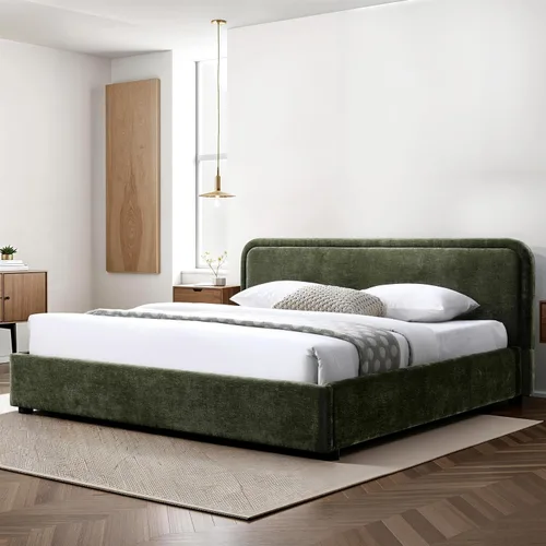 Vista 17 de Chloe - Cama de plataforma tapizada No requiere somier (borde negro, marco de cama queen)