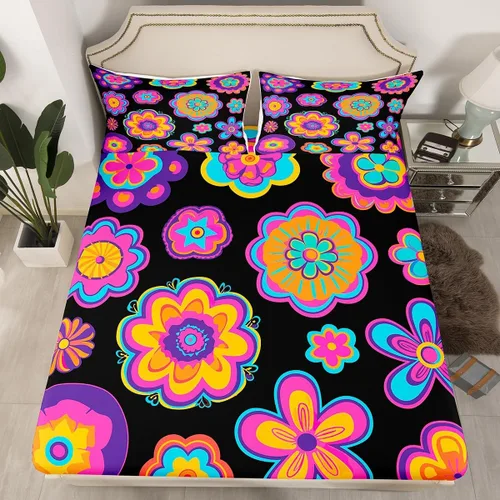 Vista 12 de Juego de ropa de cama con diseño floral bohemio, tamaño individual, diseño retro de flores groovy, 60S y 70S, diseño de flores hippie para niños