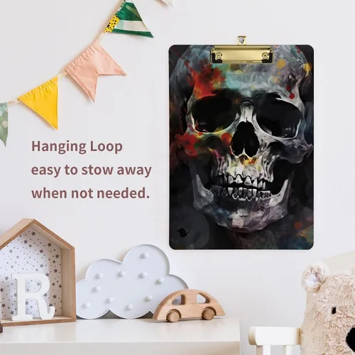Vista 7 de Vnurnrn Portapapeles de plástico de calaveras coloridas con gancho tamaño A4 12,5 x 9 pulgadas clip de oro para la oficina de dibujo