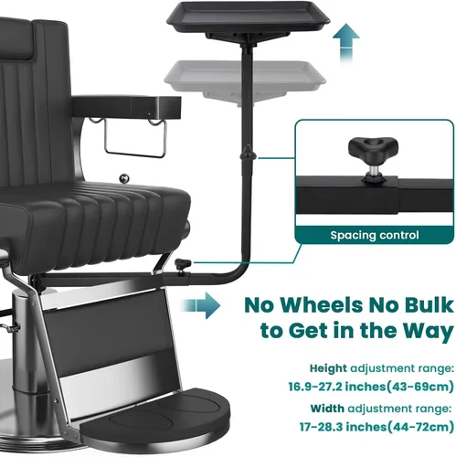 Vista 6 de Noverlife Bandeja de metal para salón unida a la silla, bandeja de silla de peluquería de rotación de 360 grados para herramientas de peluquería