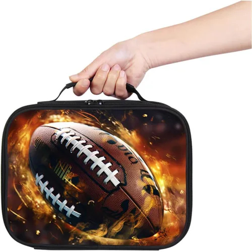 Vista 2 de Lonchera de fútbol americano para niños y niñas, bolsa de almuerzo escolar para niños, capa aislada, poliéster, a prueba de fugas, para niños a
