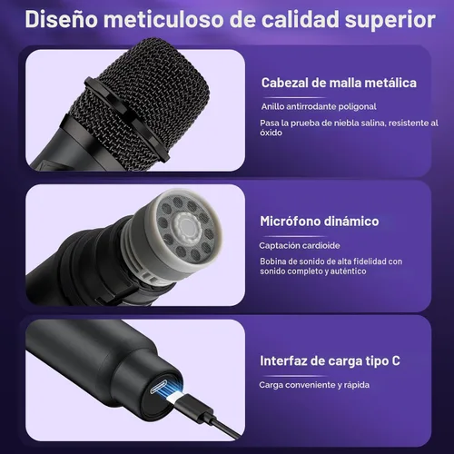 Vista 8 de Micrófono inalámbrico, sistema profesional de micrófono dinámico inalámbrico de mano dual con receptor recargable, Plug & Play, compatible