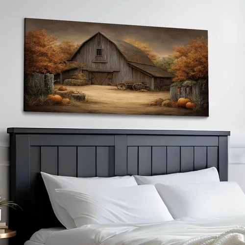 Vista 3 de Lienzo decorativo de 30 x 60 pulgadas, diseño de calabaza de otoño, decoración de baño, granero antiguo, otoño, cuadros enmarcados, pintura impresa