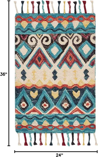 Vista 2 de SAFAVIEH Aspen Collection - Alfombra decorativa de 2 x 3 pies, azul y rojo, hecha a mano, lana trenzada con borlas, ideal para zonas de alto tráfico