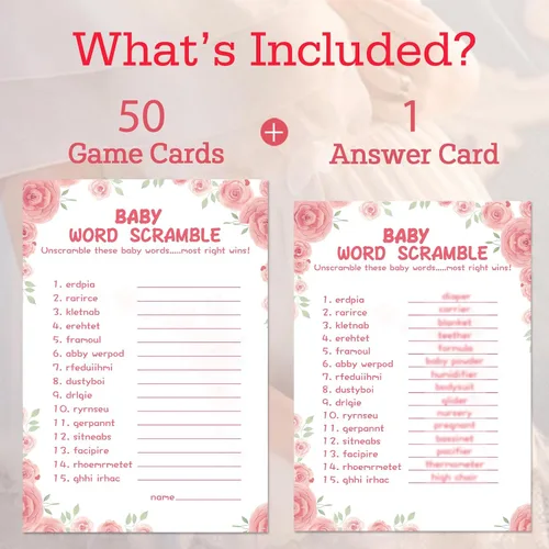 Vista 2 de OLOUTAB 50 Juegos de Baby Shower para Niña - Juego de Palabras con Tema Floral, Cartulina Gruesa, Divertido y Fácil de Jugar (Con Respuesta)