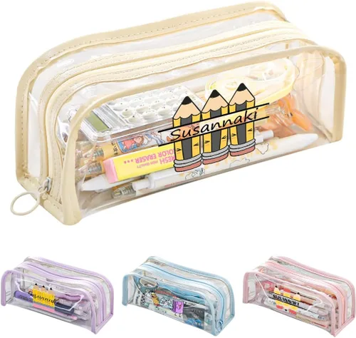 Vista 12 de Caja de lápices transparente de gran capacidad, estuche personalizado de doble capa con nombre, caja de lápices de plástico transparente apilable