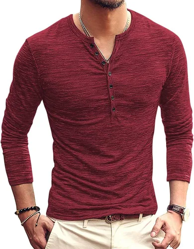 Vista 10 de KUYIGO Camisas Henley para hombre, estilo casual, ajustadas, básicas, de A01 Negro Puro