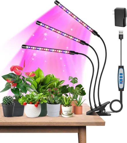 Vista 10 de Garpsen - Luces de cultivo para plantas de interior, 2 cabezales con clip, 40 LED Luz para plantas RedBlue, temporizador de 6/12/16 horas, 3