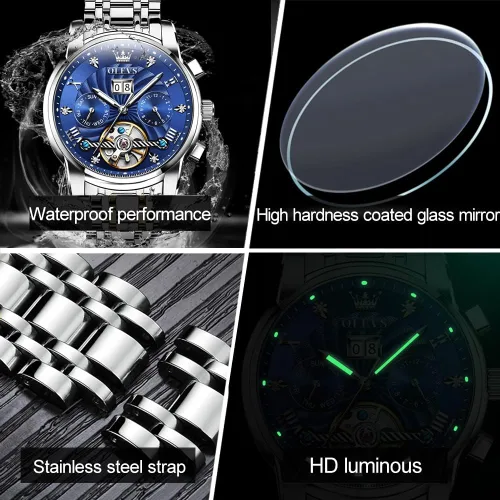 Vista 4 de OLEVS - Reloj automático para hombre con diseño de esqueleto de 5 manecillas, clásico, de lujo, multicalendario, de acero inoxidable, impermeable