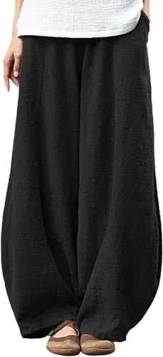 Vista 16 de Pantalones de lino y algodón holgados para mujer, con cintura elástica para relajarse. Pantalones estilo harén Verde militar