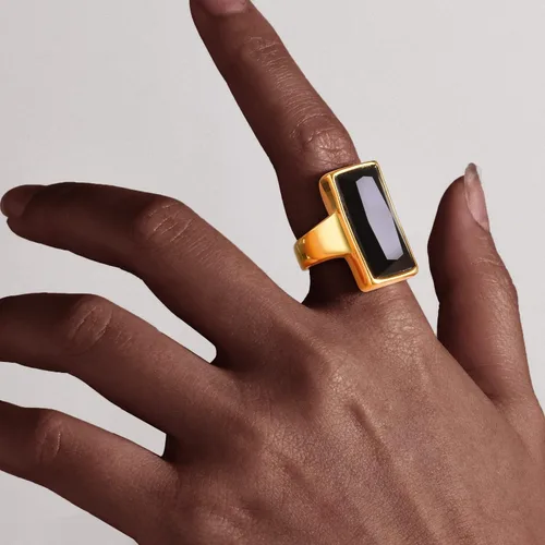 Vista 2 de Stainless Steel Gold Plated Rectangular Black Glass Crystal Ring for Women,Best Friend Gift