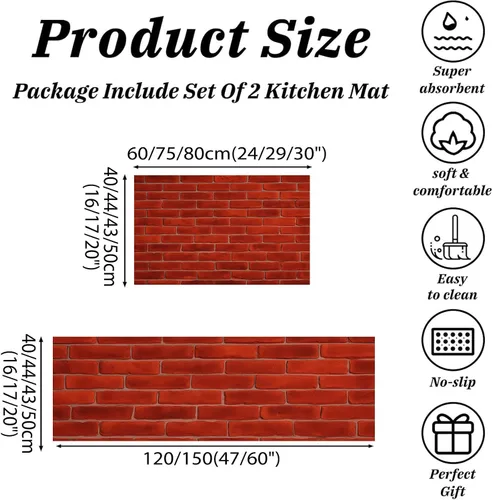 Vista 2 de Deep Red Kitchen Rugs, Farmhouse-Style Brick Wall Non Skid Washable Comfort Mats for Floor, Anti Fatigue Kitchen Cushioned Runner Rug Retro