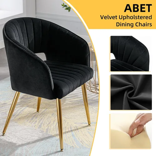 Vista 5 de ABET Juego de 2 sillas de comedor de terciopelo, rayas modernas con patas doradas, color negro