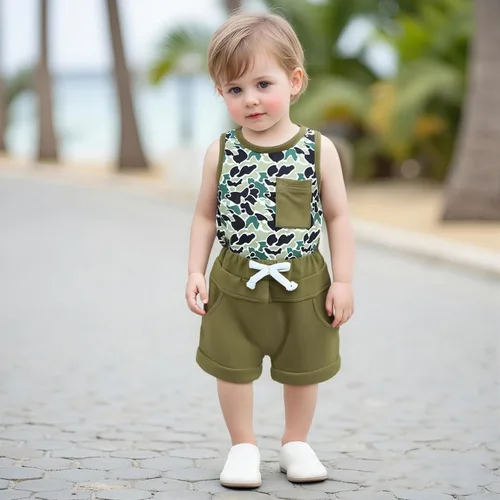 Vista 81 de Ropa de bebé niño sin mangas + pantalones cortos con estampado a rayas con bolsillos, 2 piezas de trajes de verano