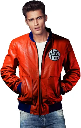 Vista 5 de Guko Kakroat Super Saiyan Orange Real Leather Costume Jacket for Mens Cosplay Jacket Superhero Jacket